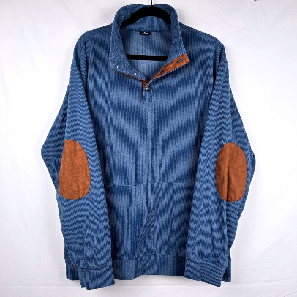 JMIERR Mens Blue Corduroy Pullover Sweatshirt Elbow Patches Mock‎ Neck Large